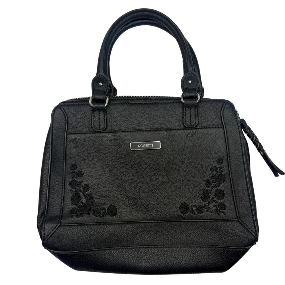 Rosetti Black Faux Leather Embroidered Flower Purse
